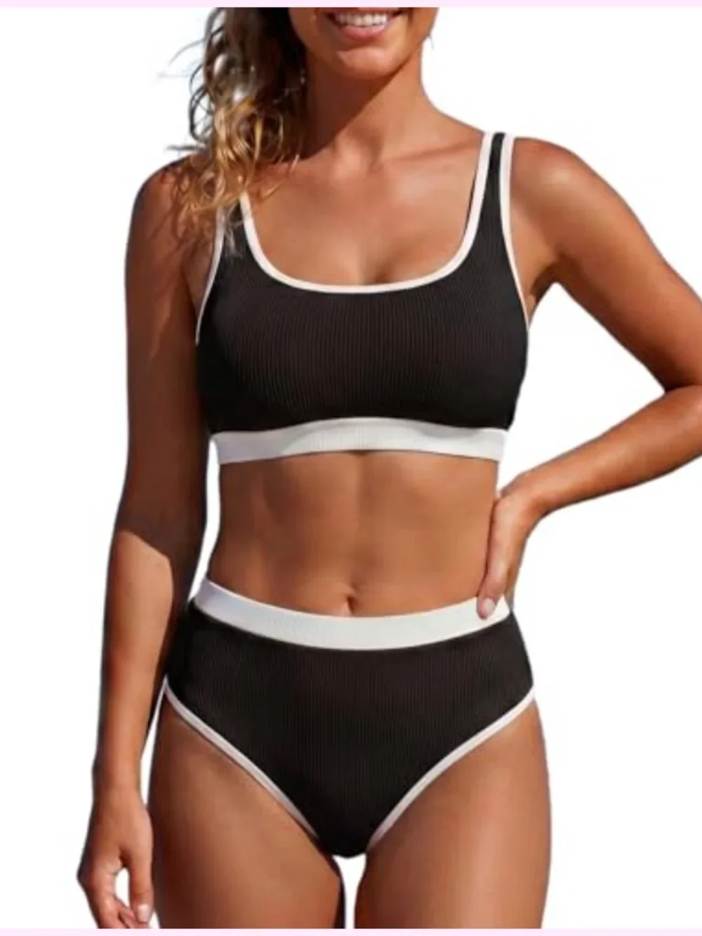 Ribbed High Waisted Bikini Set Full Coverage Sporty 2 Piece Swimsuit